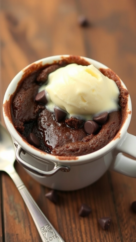 A single-serve brownie in a mug topped with melting chocolate chips and a scoop of ice cream.